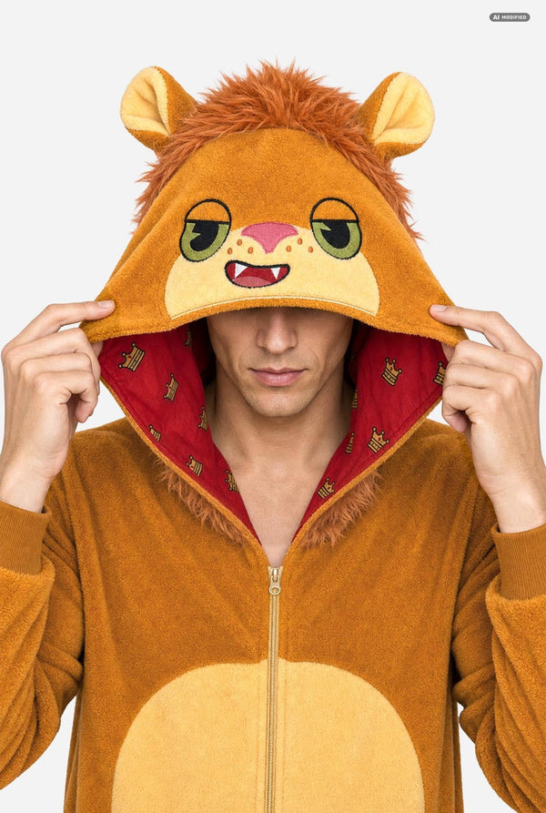 A man wearing a lion-themed hooded zip-up onesie, holding up the hood to show the lion face design and red inner lining, against a plain light gray background.