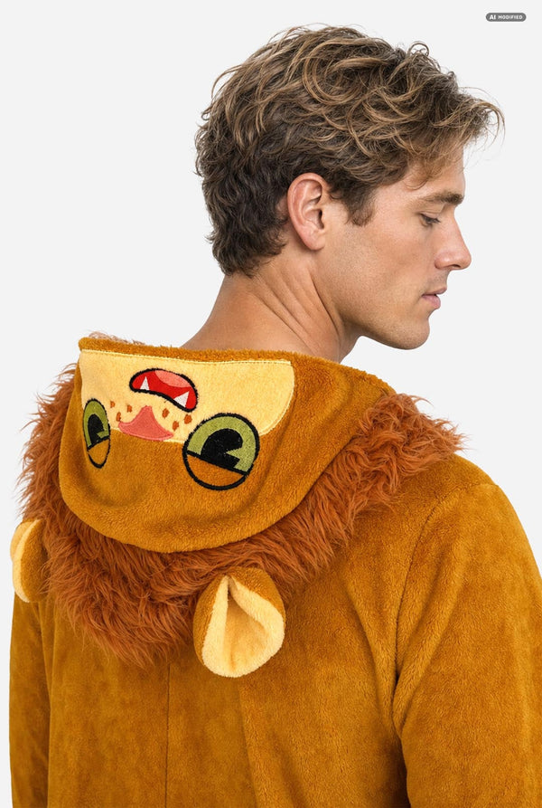 A man wearing a lion costume hoodies, shown from the back and side profile against a plain white background.