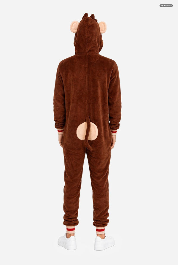 A person shown from the back wearing a brown plush animal onesie with a hood, pink ear details, and a pink tail patch on the back, photographed against a light gray studio background.
