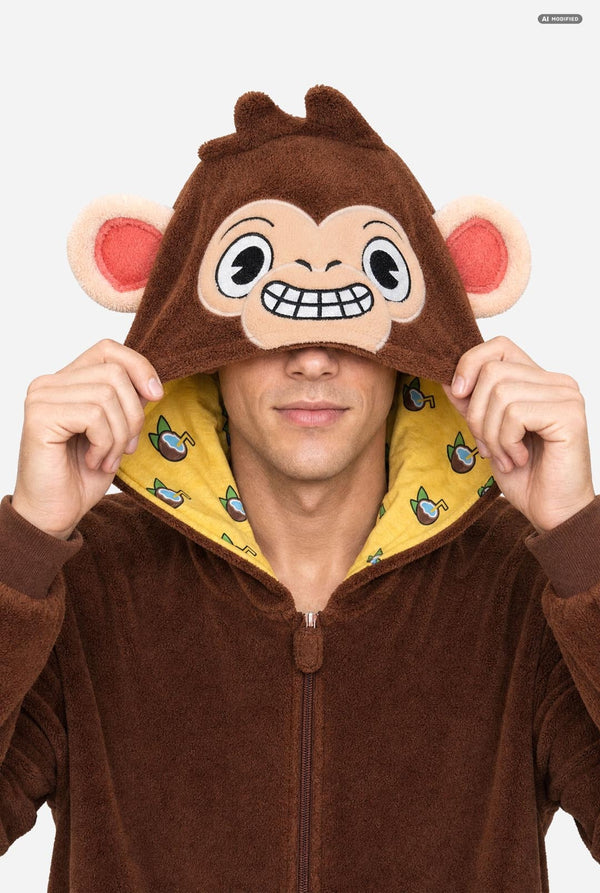 A man wearing a brown plush monkey hooded onesie, holding the hood up to show a cartoon monkey face with pink ears and a yellow patterned lining.