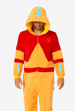 Person wearing a red and yellow onesie with blue accents on a white background