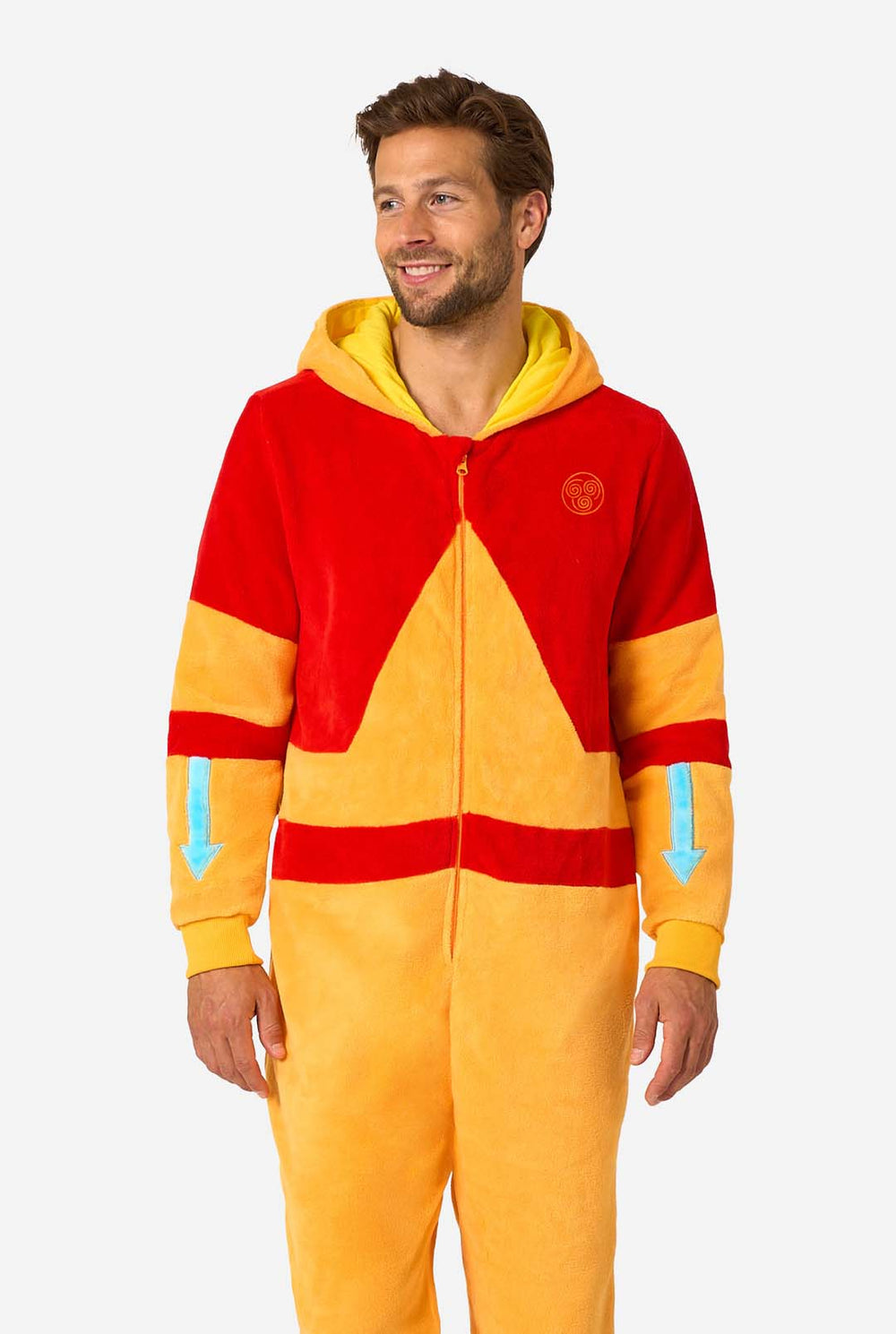 Man wearing orange and red Aang onesie with blue arrow hood inspired by Avatar The Last Airbender.