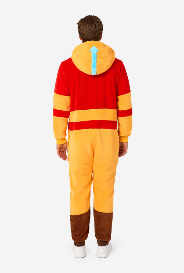 Back view of Aang onesie showing blue arrow detail on hood and Airbender design.