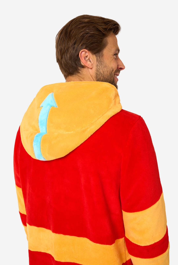 Close-up of Aang onesie hood with signature blue arrow symbol from Avatar series.