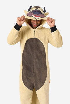 Person wearing an Avatar animal onesie with a hood on a white background