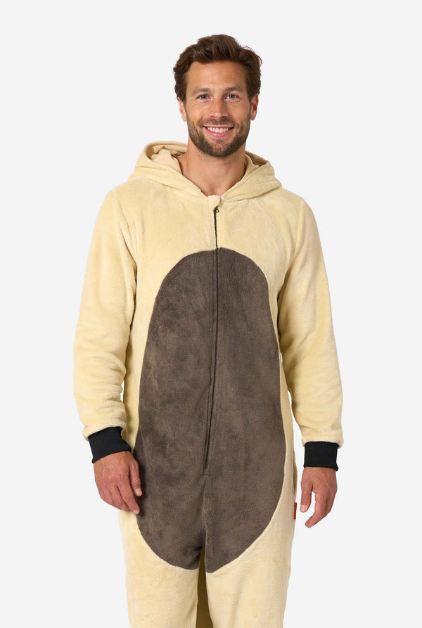 Smiling man standing front-facing in a beige Appa onesie with brown oval chest area and hood down.