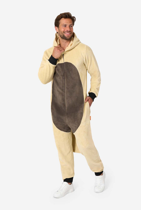Man in a beige Appa onesie looking sideways with one hand near the zipper.