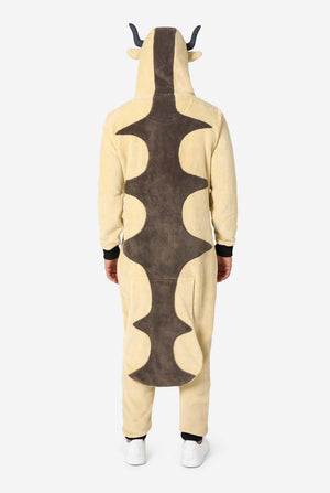 Back view of beige and brown Appa onesie showing long brown tail pattern and horned hood.