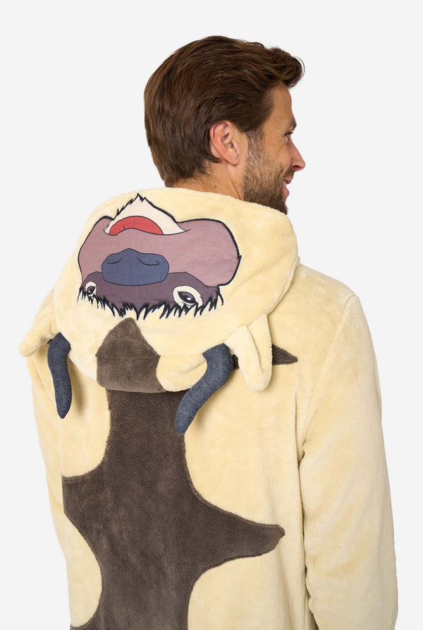 Rear close-up showing hood of beige Appa onesie with printed face and short dark horns.