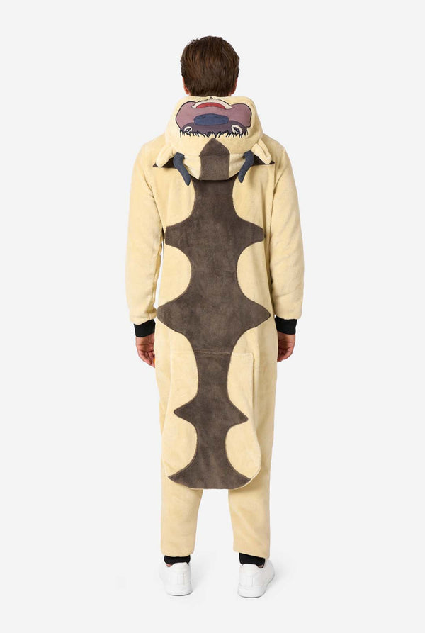 Full back view of man wearing beige Appa onesie showing printed face on hood, dark horns, and long brown tail pattern down the back.