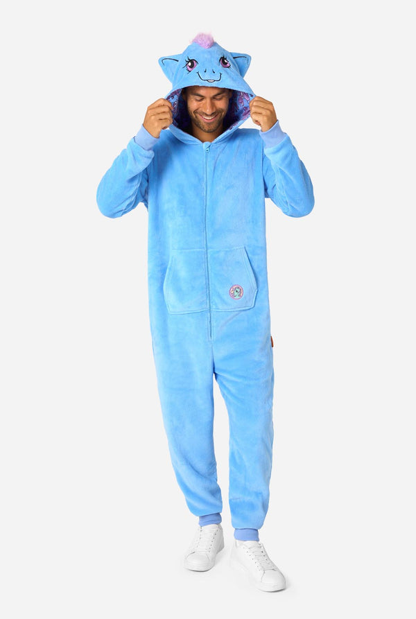 Man wearing a blue My Little Pony onesie with a hood on a light background. Full body image, with the hood up.