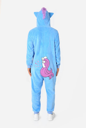 Man wearing a blue My Little Pony onesie with a hood on a light background. View from the back.