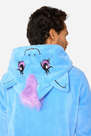 Man wearing a blue My Little Pony onesie with a hood on a light background. Close up hood from the back.