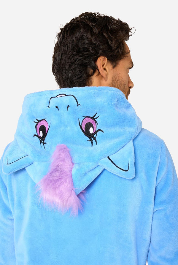 Man wearing a blue My Little Pony onesie with a hood on a light background. Close up hood from the back.