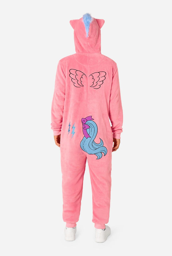 Man wearing a pink onesie with a My Little Pony design on a light background. View from the back.