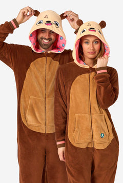 Two people wearing brown otter-themed onesies on a white background