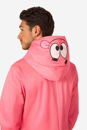 Close-up of the back of a pink Patrick Star onesie, showing the hood with Patrick’s face and smooth fabric texture.
