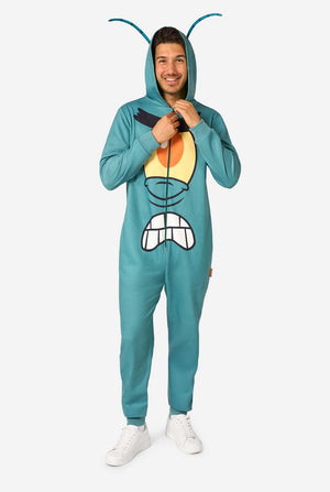 Full-body view of a person in a teal Plankton-themed onesie with hood up, showing the character’s large eye, black eyebrows, and wide toothy mouth