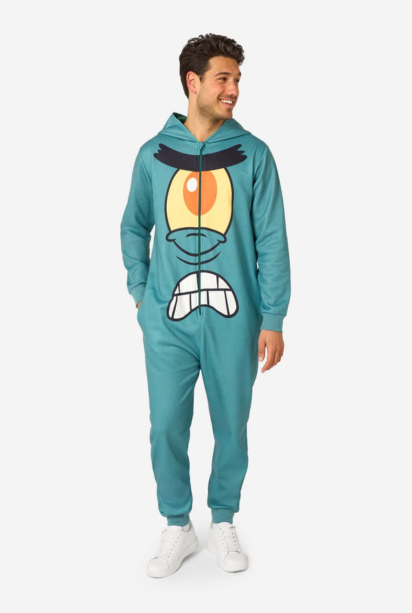 Person in a teal Plankton onesie with the hood down, revealing the printed character face on the front, including the large orange eye and frowning mouth