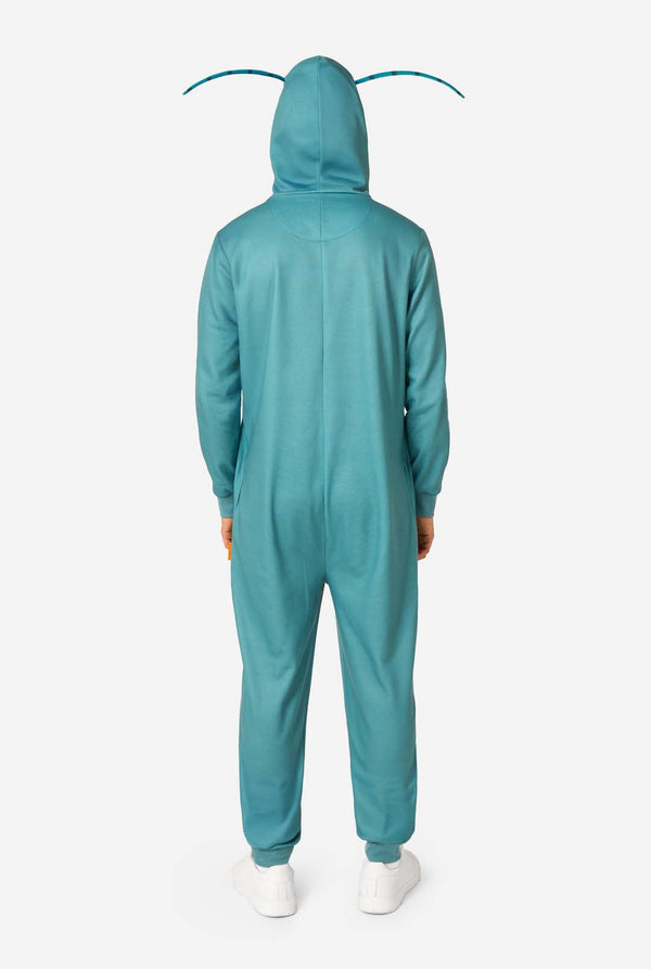 Back view of a teal onesie with the hood up, showing two teal antennae extending from the top