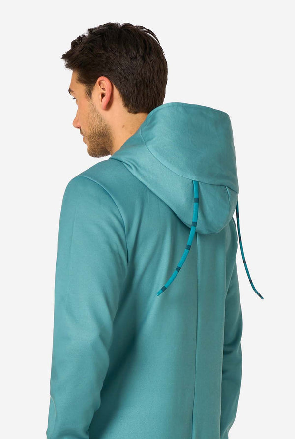 Close-up of the back of the hood on the teal onesie, showing teal antennae with darker stripes