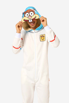 Person wearing a Sandy character onesie with a white background