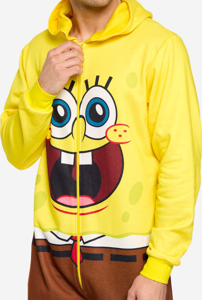 Man wearing SpongeBob Unisex onesie, close up