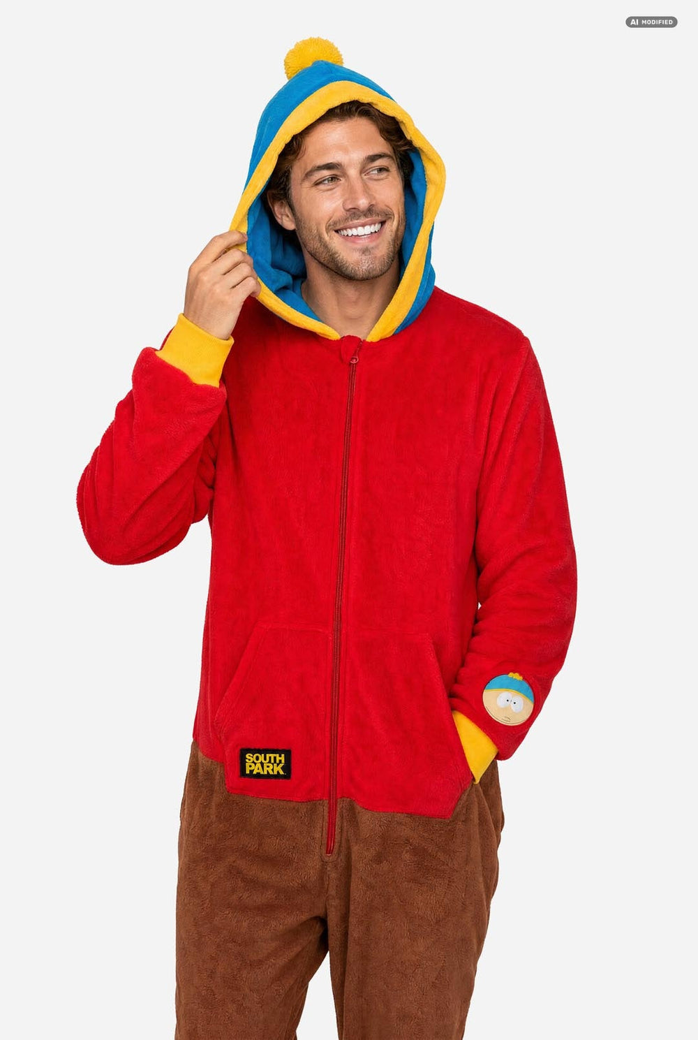 A man wearing a South Park Stan Onesie, red and brown hooded zip-up onesie pajama with a blue and yellow hood, yellow cuffs, a South Park patch on the sleeve, and brown pants, photographed against a light gray studio background.