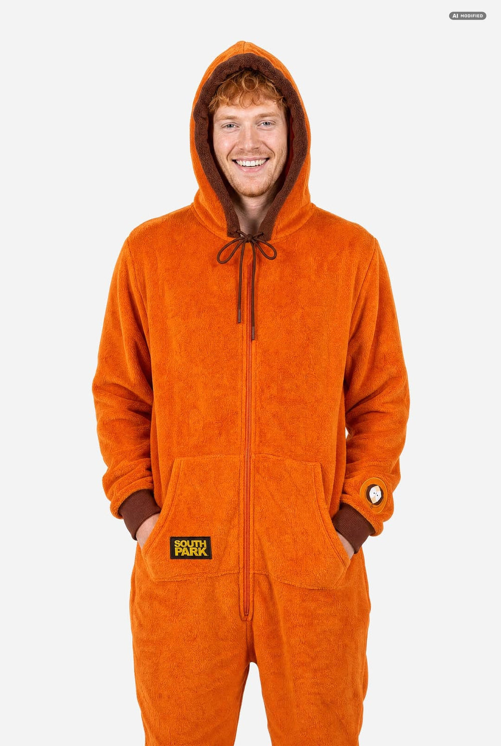 A smiling man wearing an orange South Park Kenny onesie with brown drawstrings and cuffs, standing against a light gray background. A small patch on the left leg reads 'South Park'.  