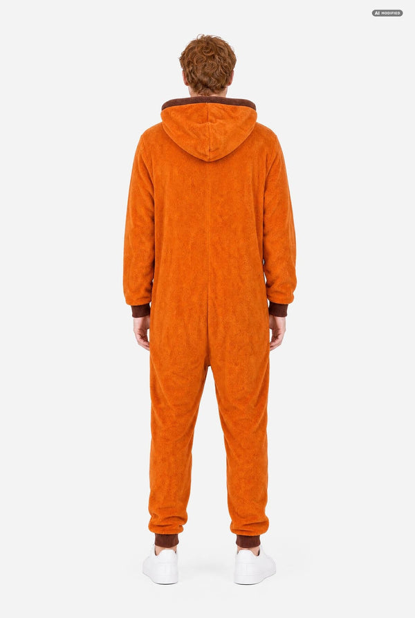 A smiling man wearing an orange South Park Kenny onesie with brown drawstrings and cuffs, standing against a light gray background. A small patch on the left leg reads 'South Park'.  View from the back.