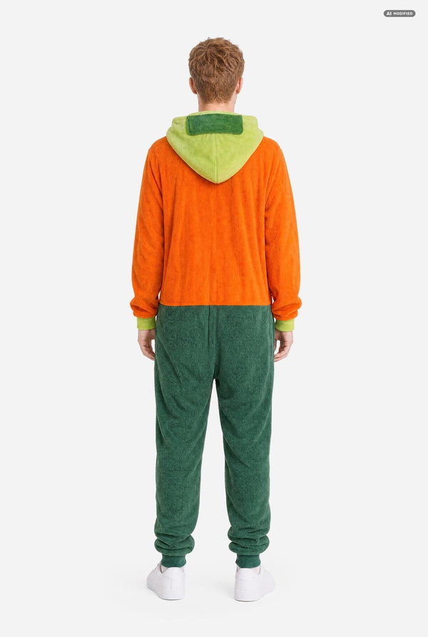 A man wearing a bright orange South Park Kyle onesie costume with lime green hood lining and cuffs, plus dark green pants, photographed against a light gray studio background. View from the back.