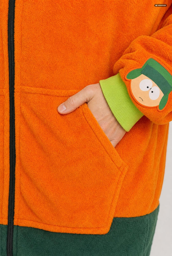 A man wearing a bright orange South Park Kyle onesie costume with lime green hood lining and cuffs, plus dark green pants, photographed against a light gray studio background. Sleeve close up.