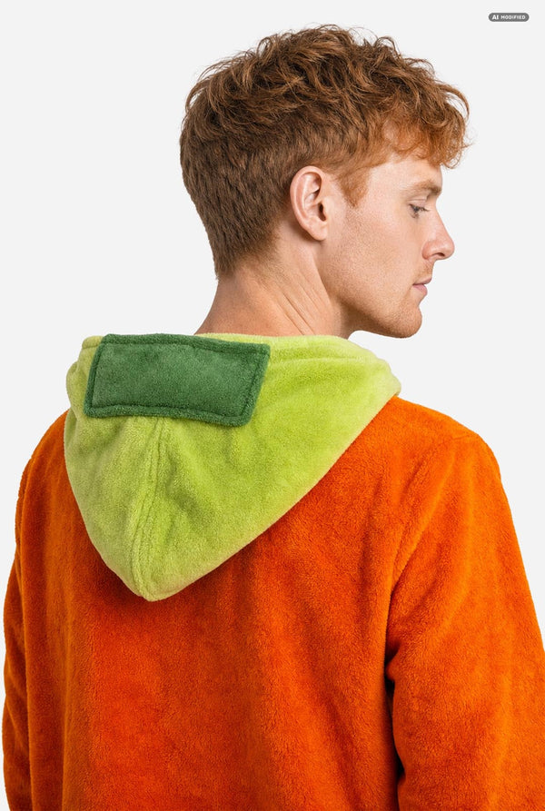 A man wearing a bright orange South Park Kyle onesie costume with lime green hood lining and cuffs, plus dark green pants, photographed against a light gray studio background. Hood close up, from the back.