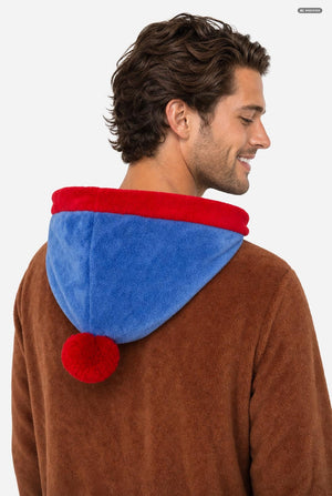 A man wearing a brown and blue South Park Stan onesie with blue and red hood lining, photographed against a light gray studio background. View from the back.