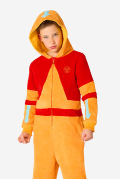 Child wearing a red and orange onesie with a hood on a white background