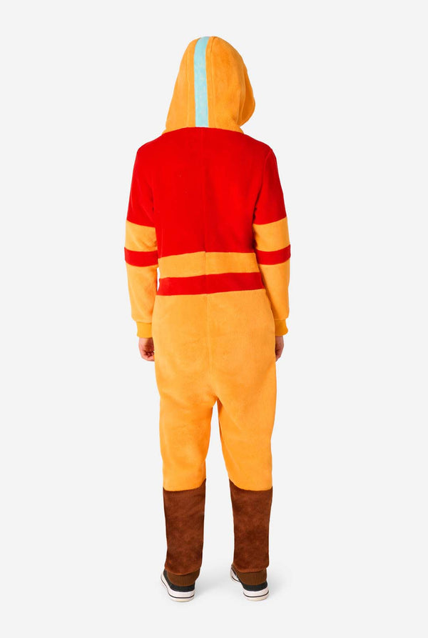 Person wearing a colorful Aang onesie with a hood on a white background