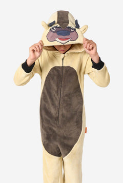 Person wearing an Avatar character onesie with a neutral background