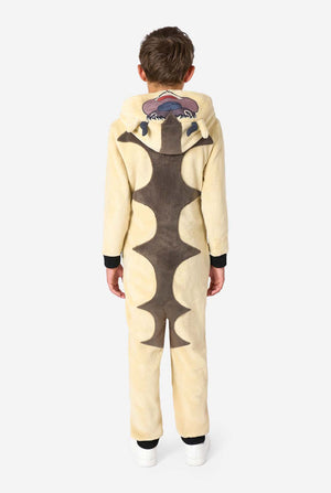 Child wearing a cartoon character Appa onesie hoodie with a white background. View from the back.