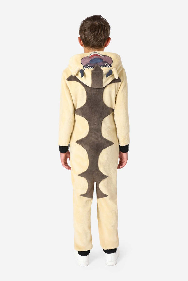 Child wearing a cartoon character Appa onesie hoodie with a white background. View from the back.