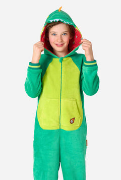 Child wearing a green dinosaur-themed onesie on a white background
