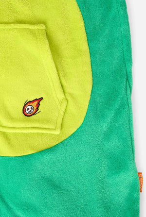 A kid is wearing a green dinosaur kids onesie featuring playful hood details and cozy, soft material, perfect for lounging or costume events. Focused on the pockets.