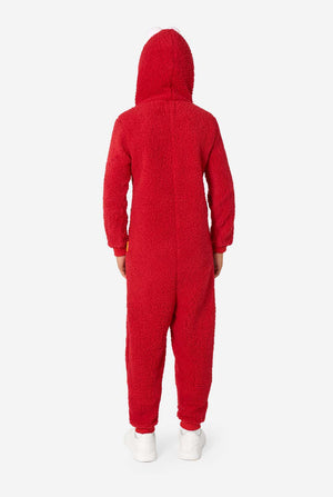 Kid is wearing a red onesie resembling Elmo. View from the back.