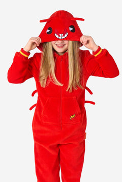 Child wearing a red lobster onesie with a hood on a white background