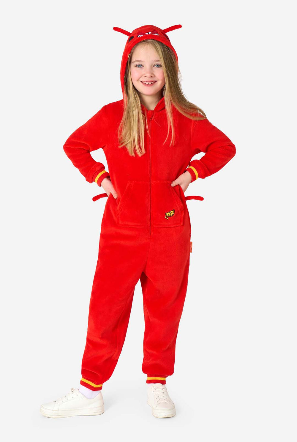 A kid is wearing a bright red lobster-themed kids onesie featuring playful hood details and cozy, soft material.