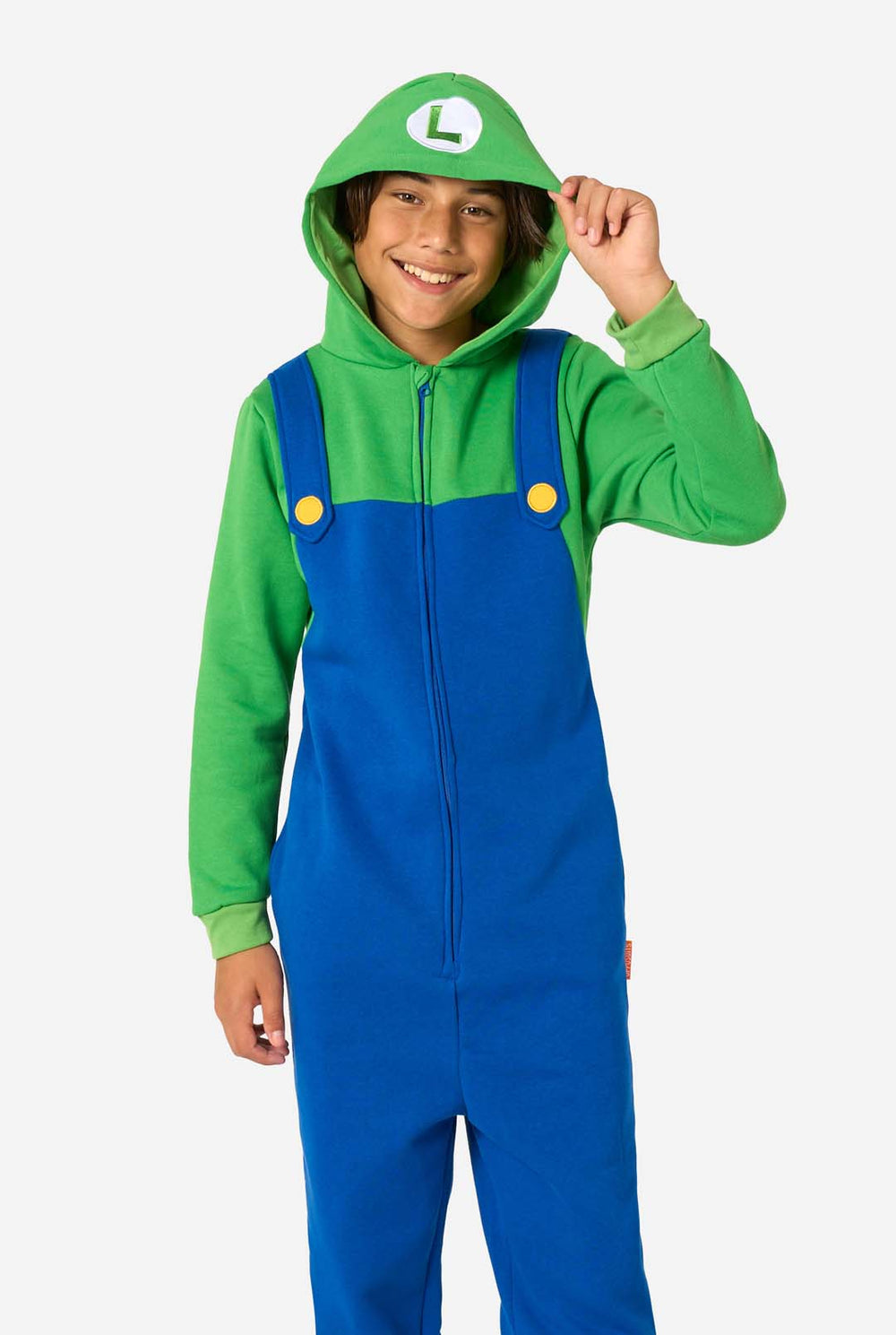 Child wearing a green and blue Luigi onesie with a hood on a white background