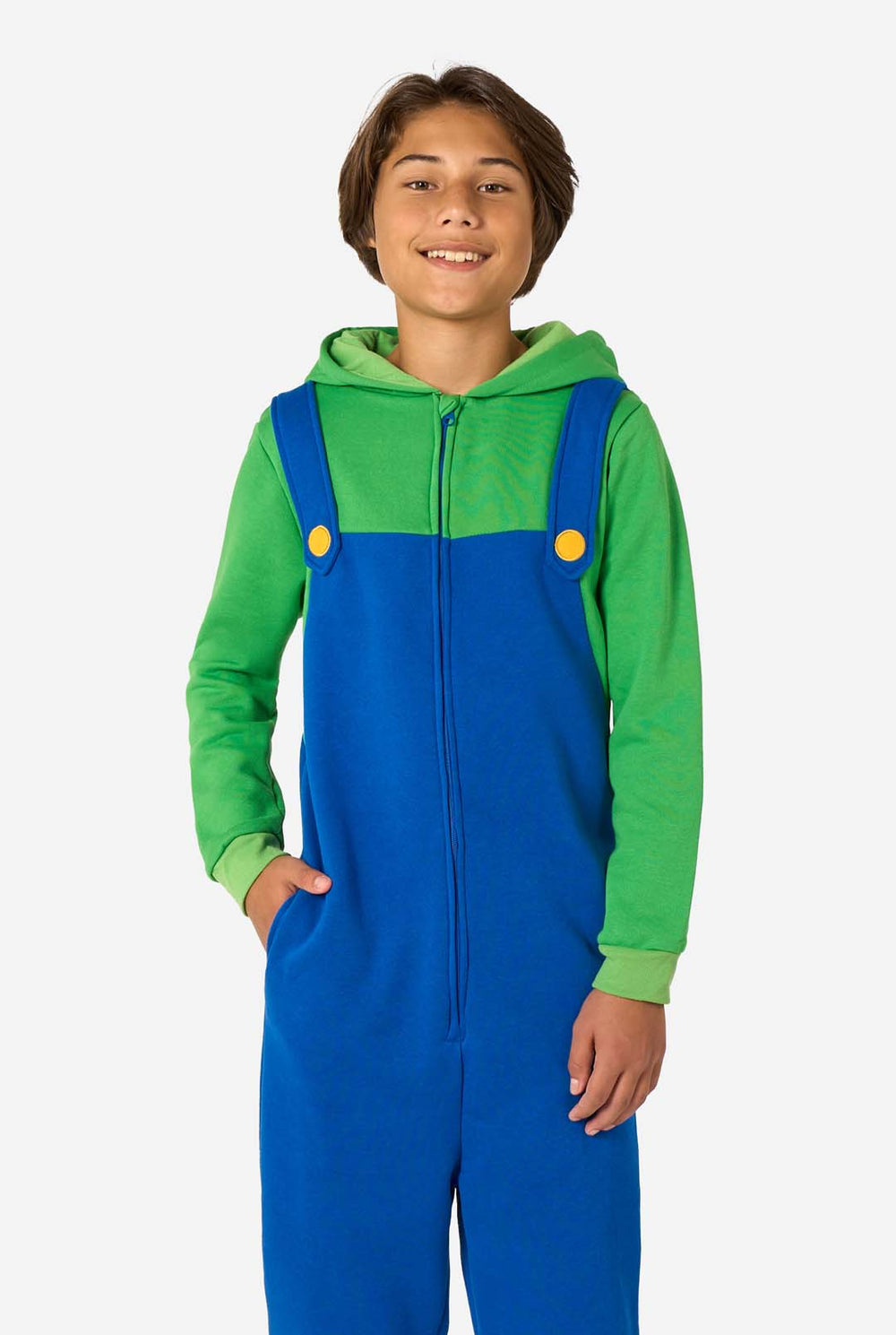 Child wearing a green and blue Luigi onesie with a hood on a white background