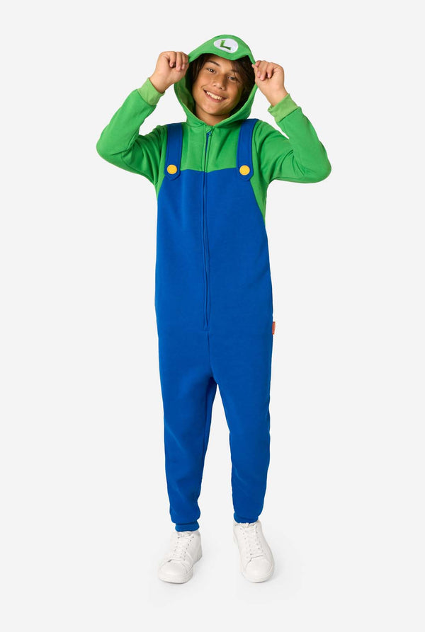 Person wearing a green and blue Luigi onesie with a hood on a white background