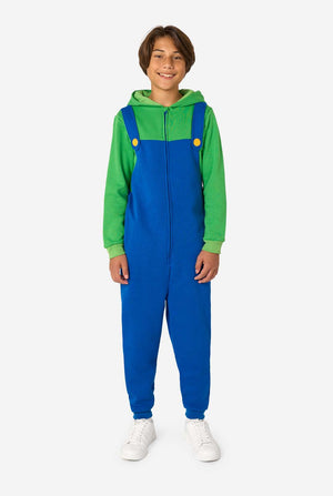 Person wearing a green and blue Luigi jumpsuit on a white background