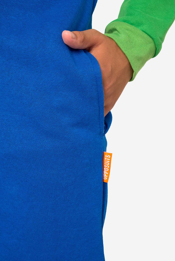 Blue and green luigi onesie pocket close up with a visible brand logo on a white background