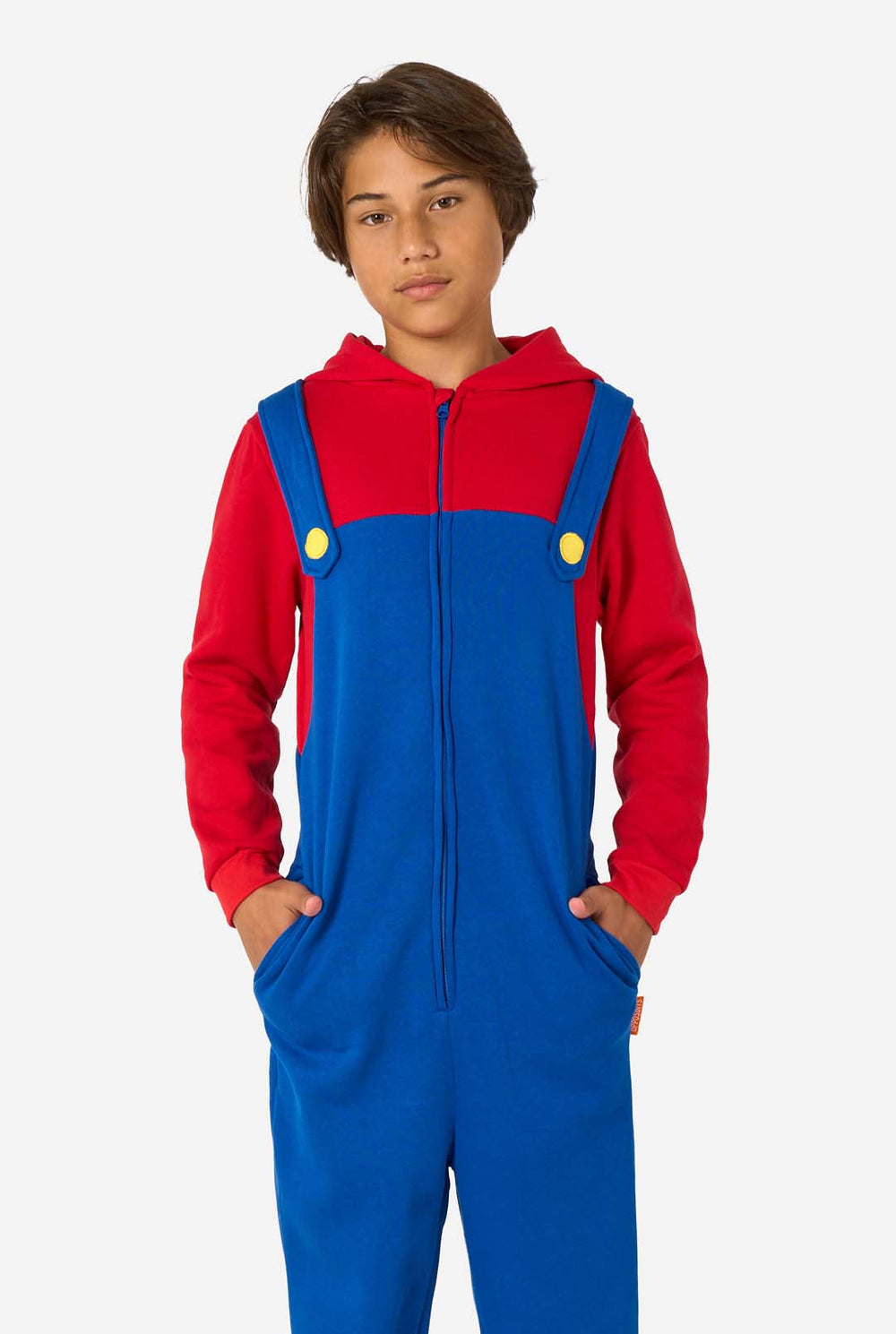 A child wearing a red and blue Mario onesie with a hood, resembling the famous video game character.